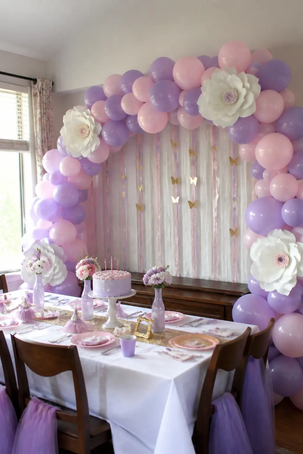 Lavender and Pink Arch Over a Girls' Birthday Table with Paper Flowers — This is the one entry where a softer, more celebratory pairing is appropriate: a