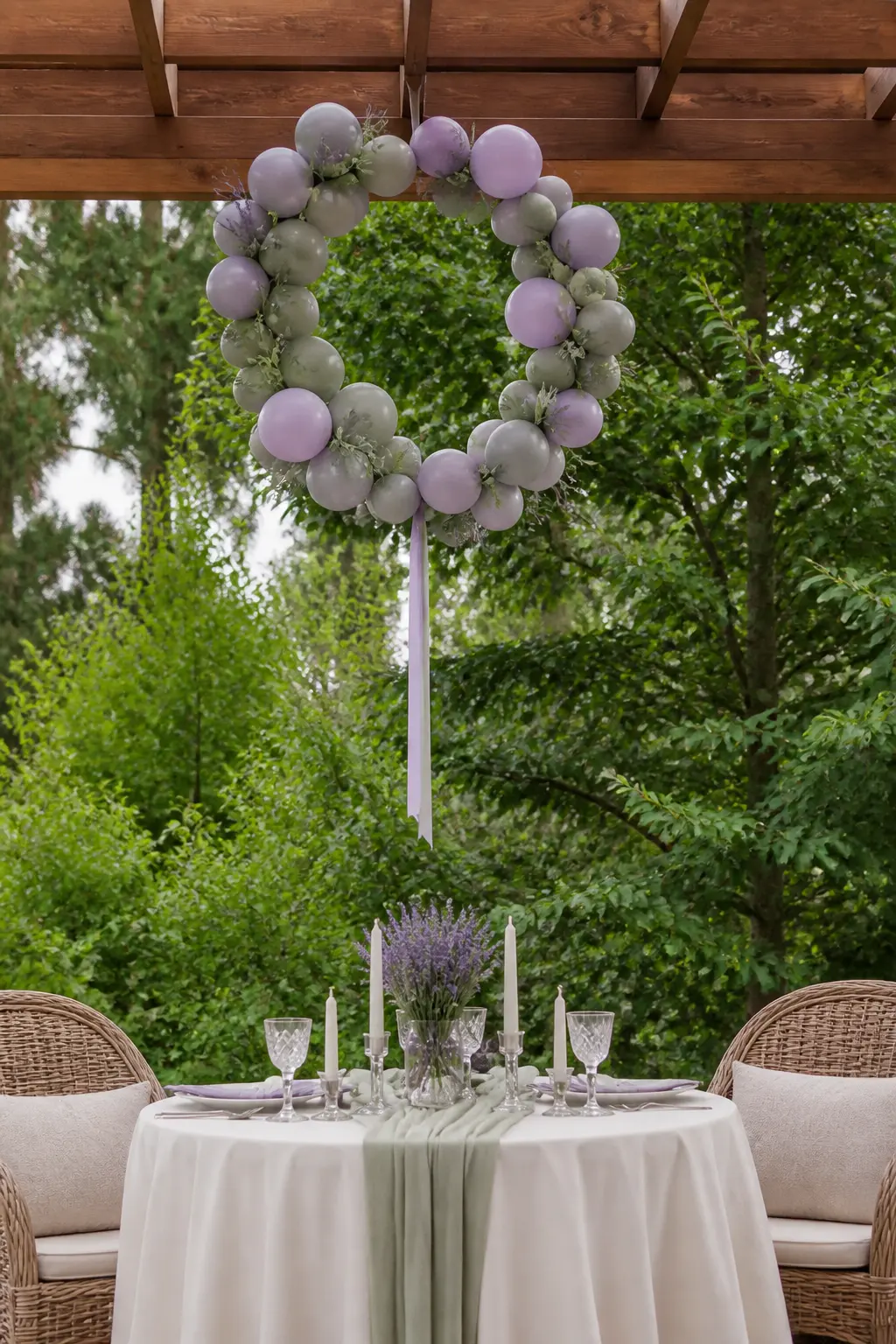 Lavender and Sage Circle on a Hula Hoop Above a Sweetheart Table — The hula hoop circle is the most reusable balloon structure in this list: the hoop itself