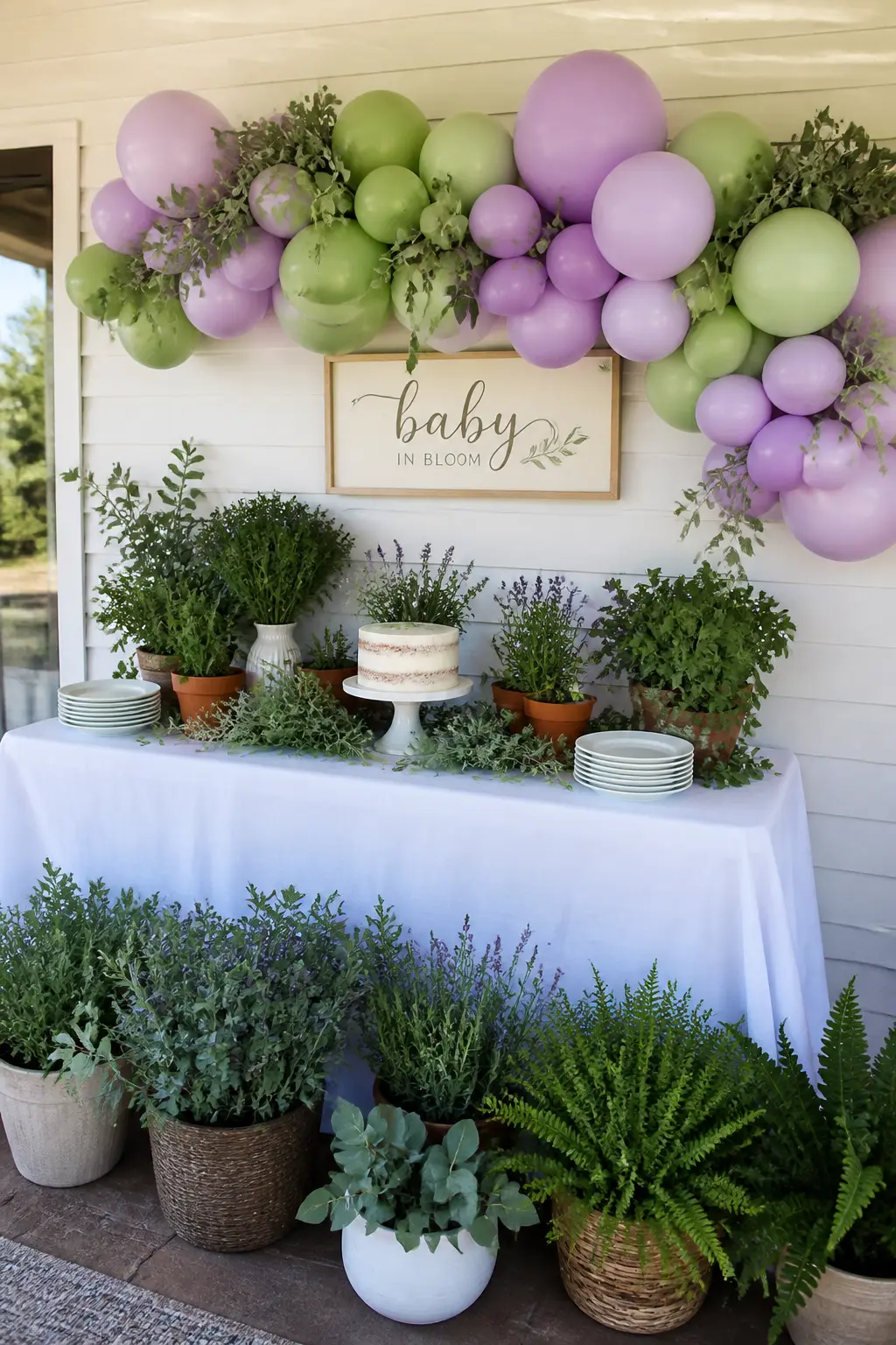 Lavender and Sage Garland Behind a Plant-Themed Baby Shower Table — A plant-themed shower calls for a green that feels botanical rather than party-store, and