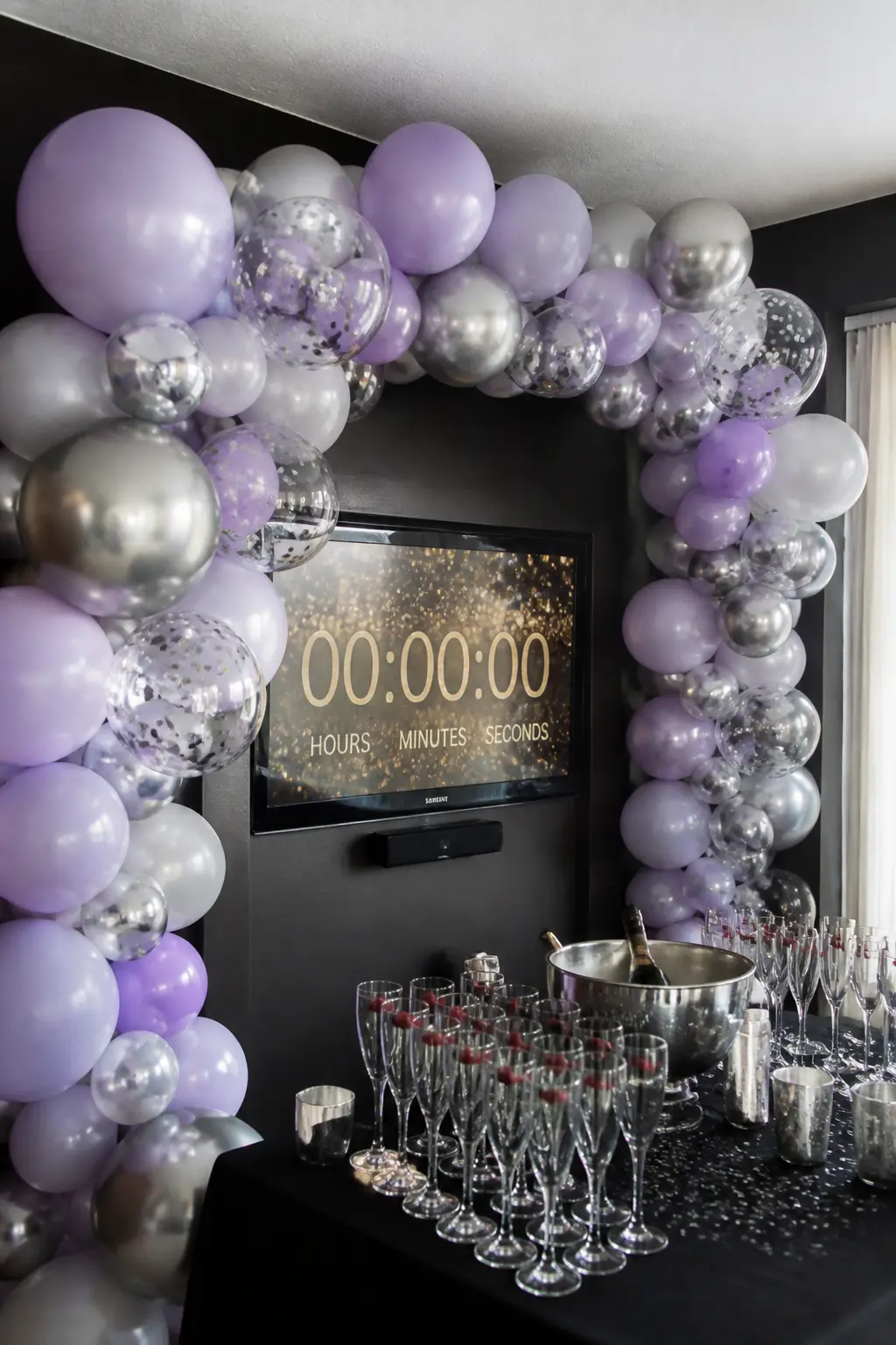 Lavender and Silver Arch at a New Year Party with Confetti Balloons — Confetti balloons are the one type that actually improves with scale: you need enough of