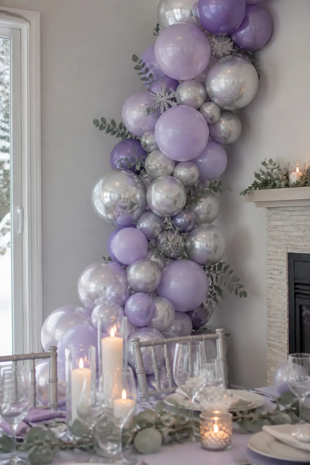 Lavender and Silver Cascade Down a Winter Reception Corner — Silver reads cooler than gold and suits a winter reception where the light is lower and the