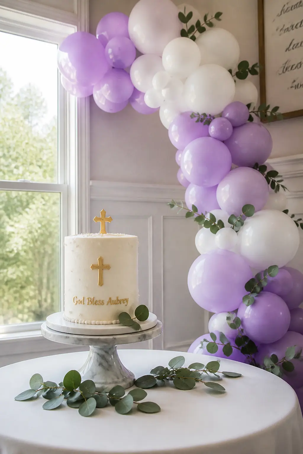Lavender and White Arch Behind a Christening Cake with Eucalyptus — White keeps lavender cool and clean rather than warm and sugary, which suits a