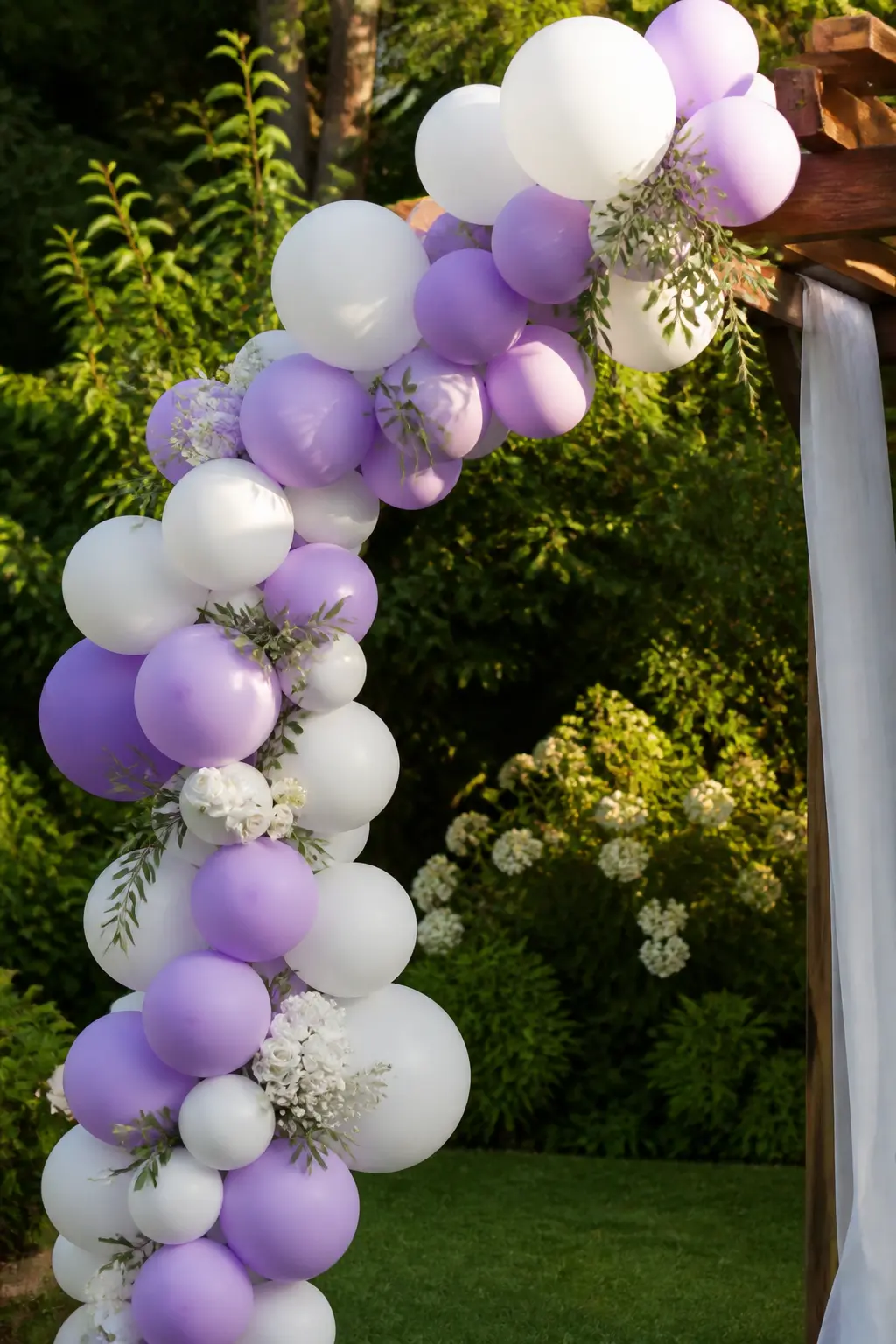 Lavender and White Garland with Fresh White Flowers at a Garden Wedding — Fresh white flowers tucked into a balloon garland at a garden wedding require one