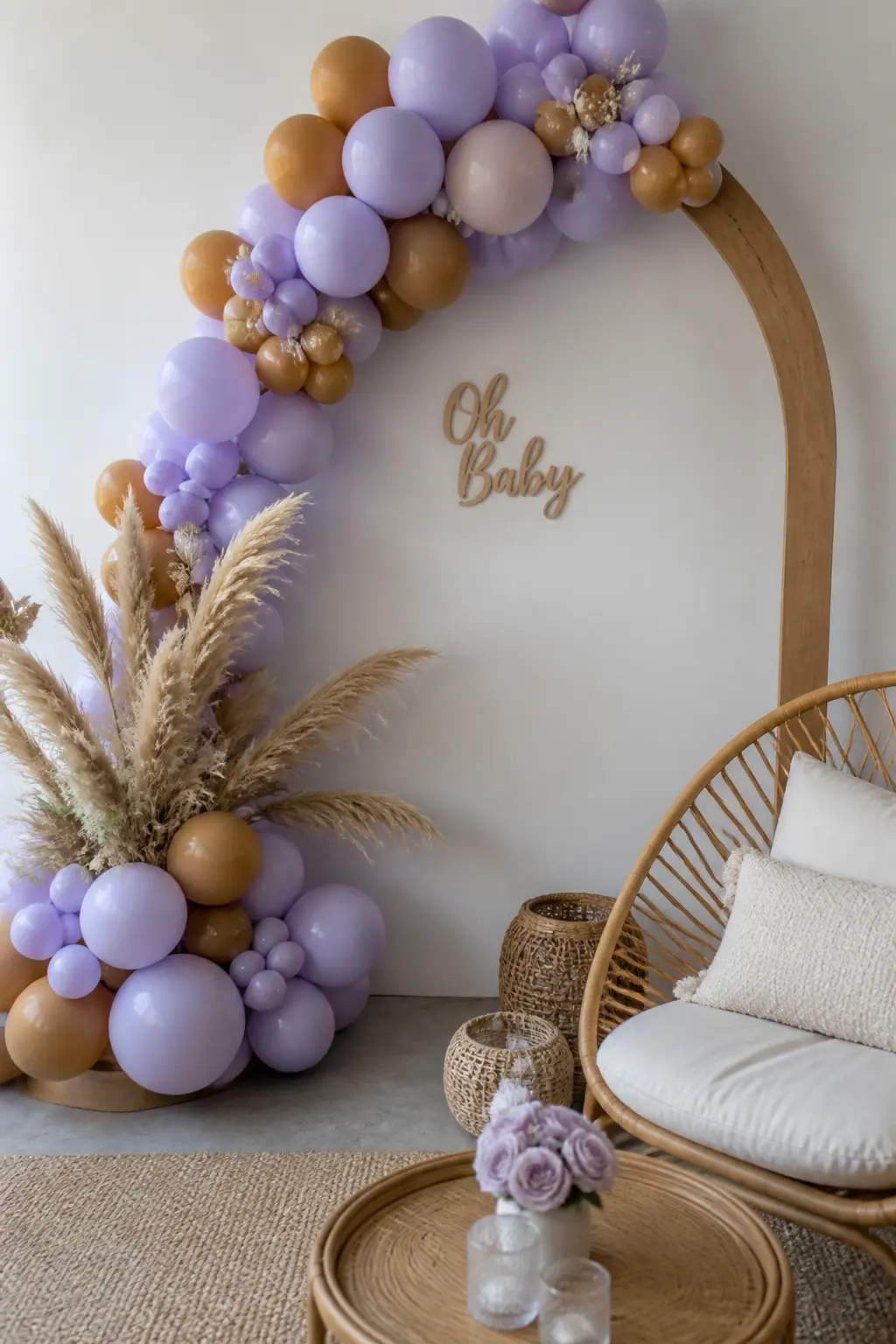 Lavender and Wood-Tone Arch with Dried Pampas at a Boho Baby Shower — Wood-tone balloons, which are the sand and caramel latex shades, sit in the same earthy