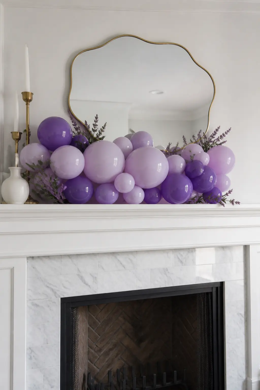 Three-Shade Lavender Garland Along a Fireplace Mantel for a Shower — A mantel garland is one of the most efficient installations in this list because the