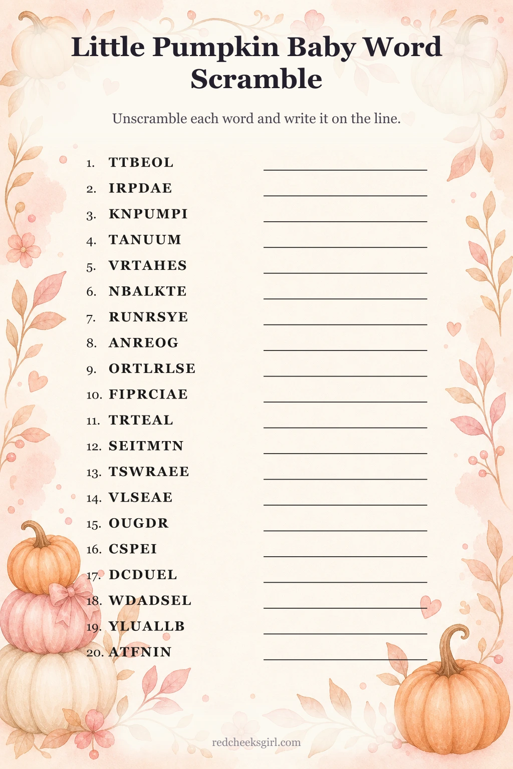 Little Pumpkin Baby Word Scramble printable