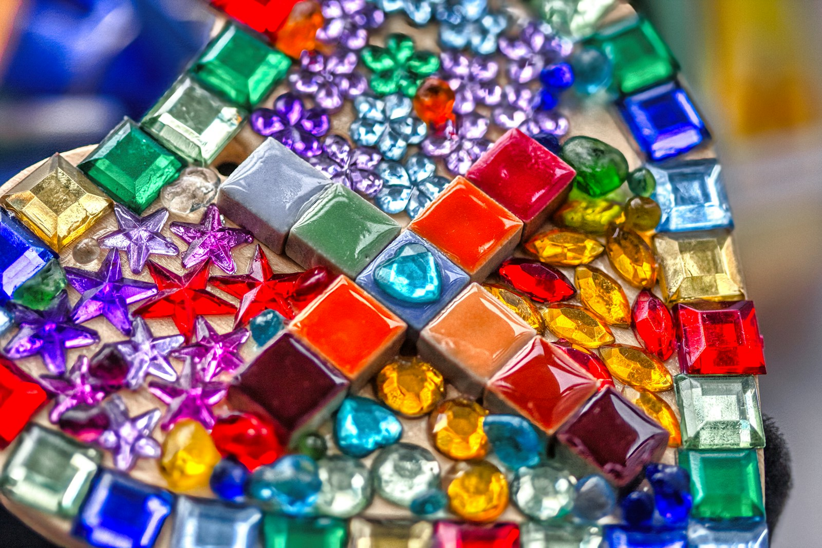 A close up of a colorful glass object