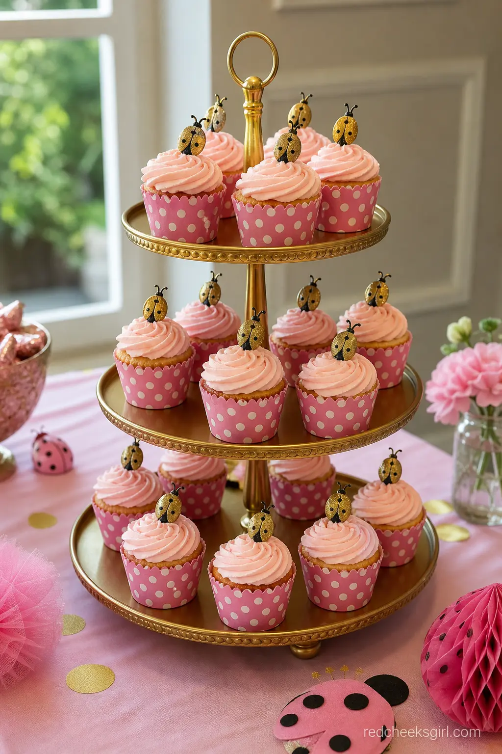 Cupcake Tower on a Gold Stand — A gold tiered stand holds cupcakes in pink polka dot wrappers, each topped with a tiny gold ladybug pick, shown whole from the