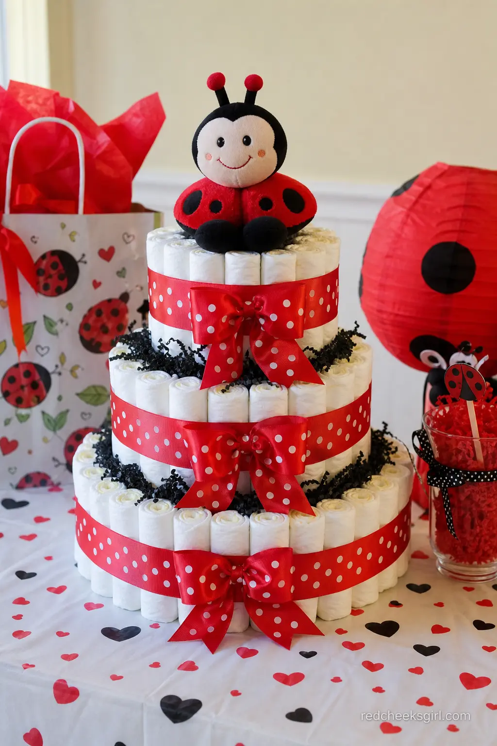 Diaper Cake with a Ladybug Topper — A tiered diaper cake wrapped in white with a wide red ribbon spiral sits on the gift table, topped with a single black spot