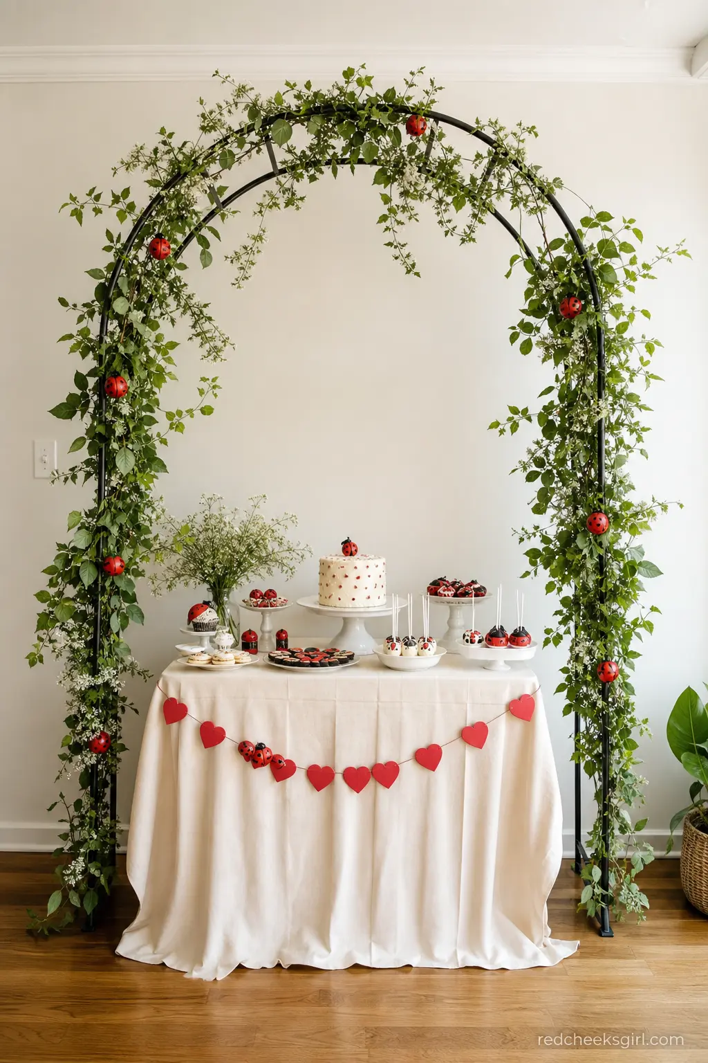 Garden Arch Dessert Table — A metal arch wrapped in faux greenery frames a dessert table set against a wall, with the arch, the table skirt and the wall behind