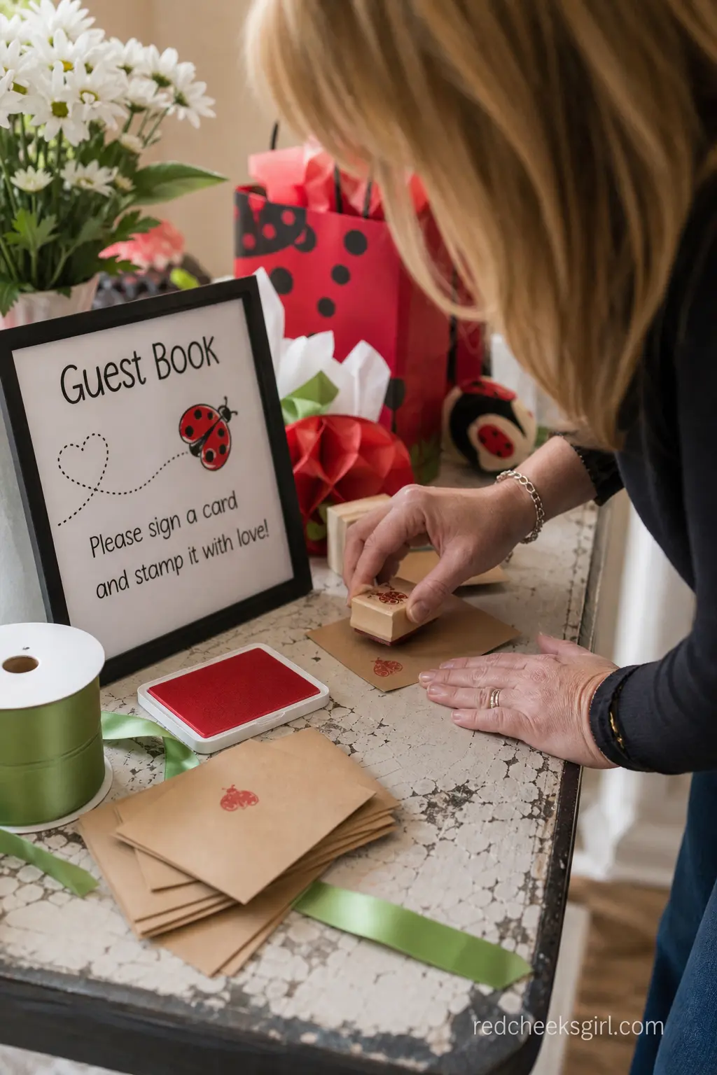 Guest Book Ladybug Stamp Station — A small side table near the entry holds a stack of kraft cards, a red ink pad and a ladybug rubber stamp, ready for guests