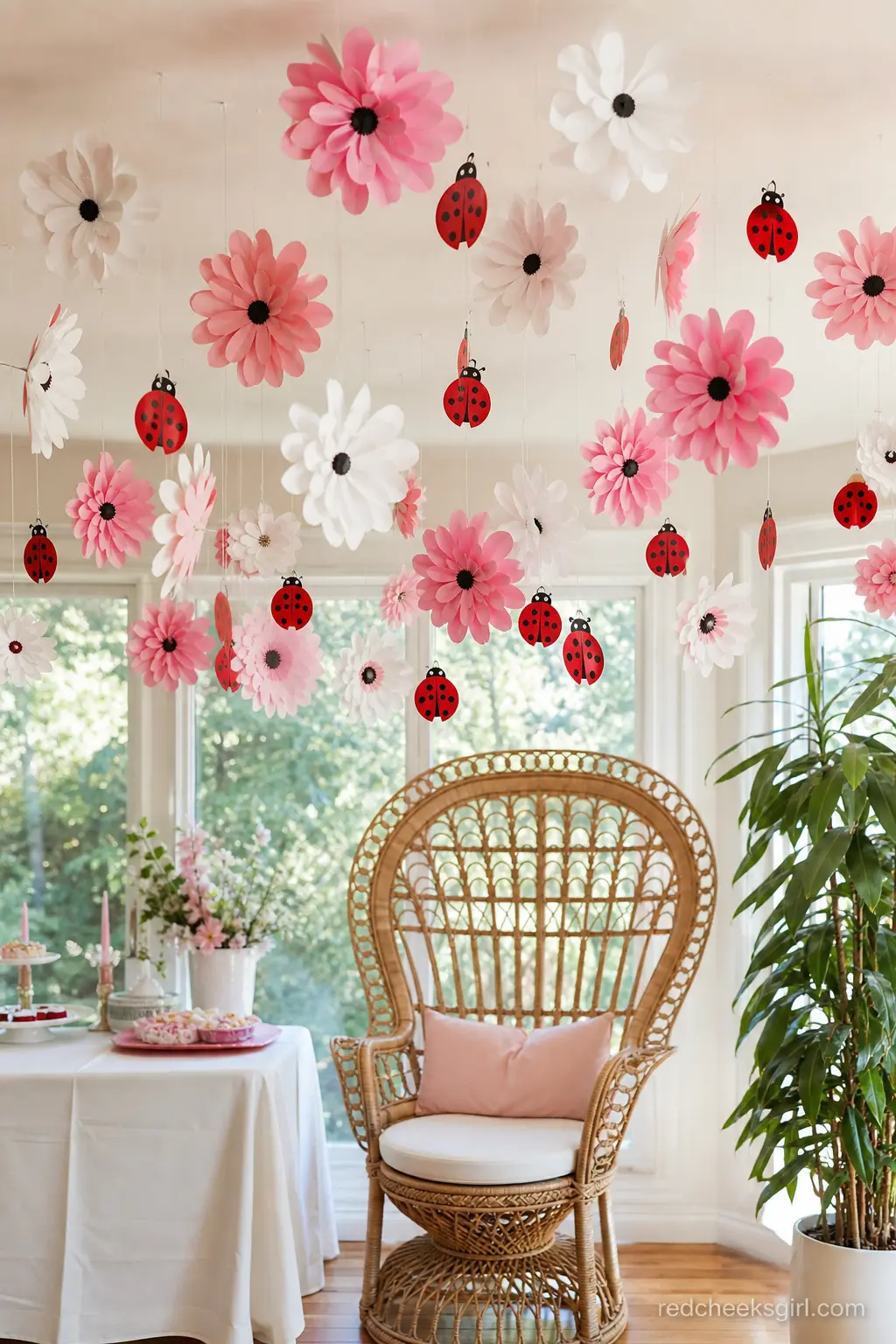 Hanging Paper Flower and Ladybug Ceiling Cloud — Pink and white paper flowers hang at different lengths above a rattan chair, with small red paper ladybugs