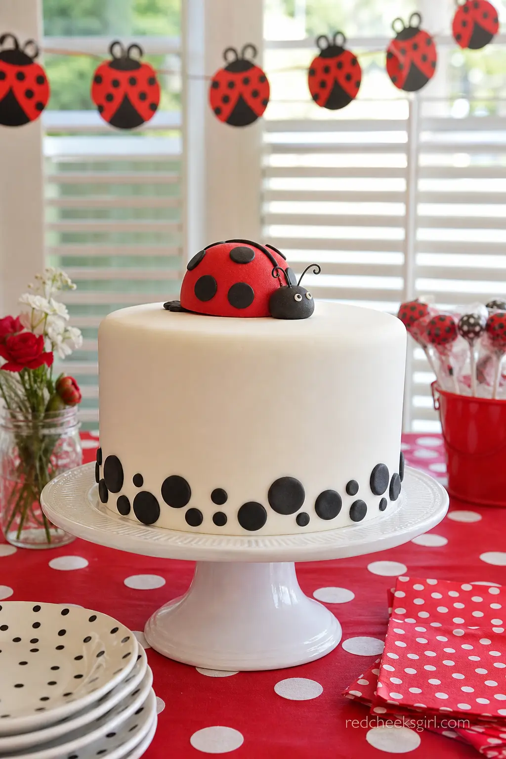 Ladybug Spot Cake — A round white buttercream cake gets a wide band of black fondant dots near the base and a single fondant ladybug topper at the crown