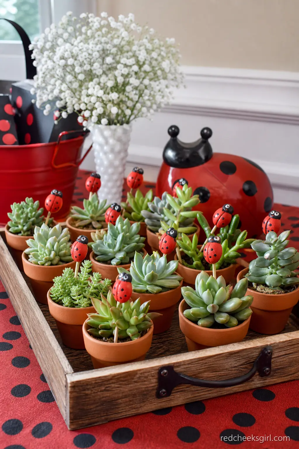 Ladybug Succulent Favor Table — Small succulents in terra cotta pots line a tray on the favor table, each with a tiny red ladybug plant pick tucked into the