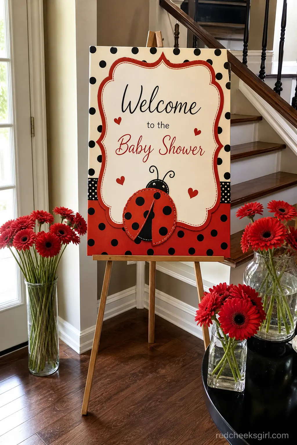 Ladybug Welcome Sign on an Easel — A foam board sign in red, black and cream leans on a slim wooden easel just inside the door. Love bug baby shower