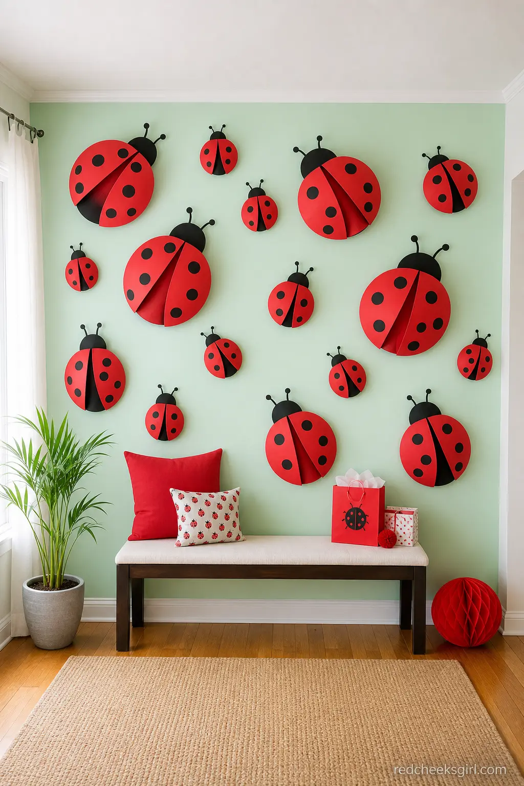 Paper Ladybug Backdrop Wall — A mint green wall holds a scatter of oversized paper ladybugs in red and black, mounted at varying heights above a simple bench