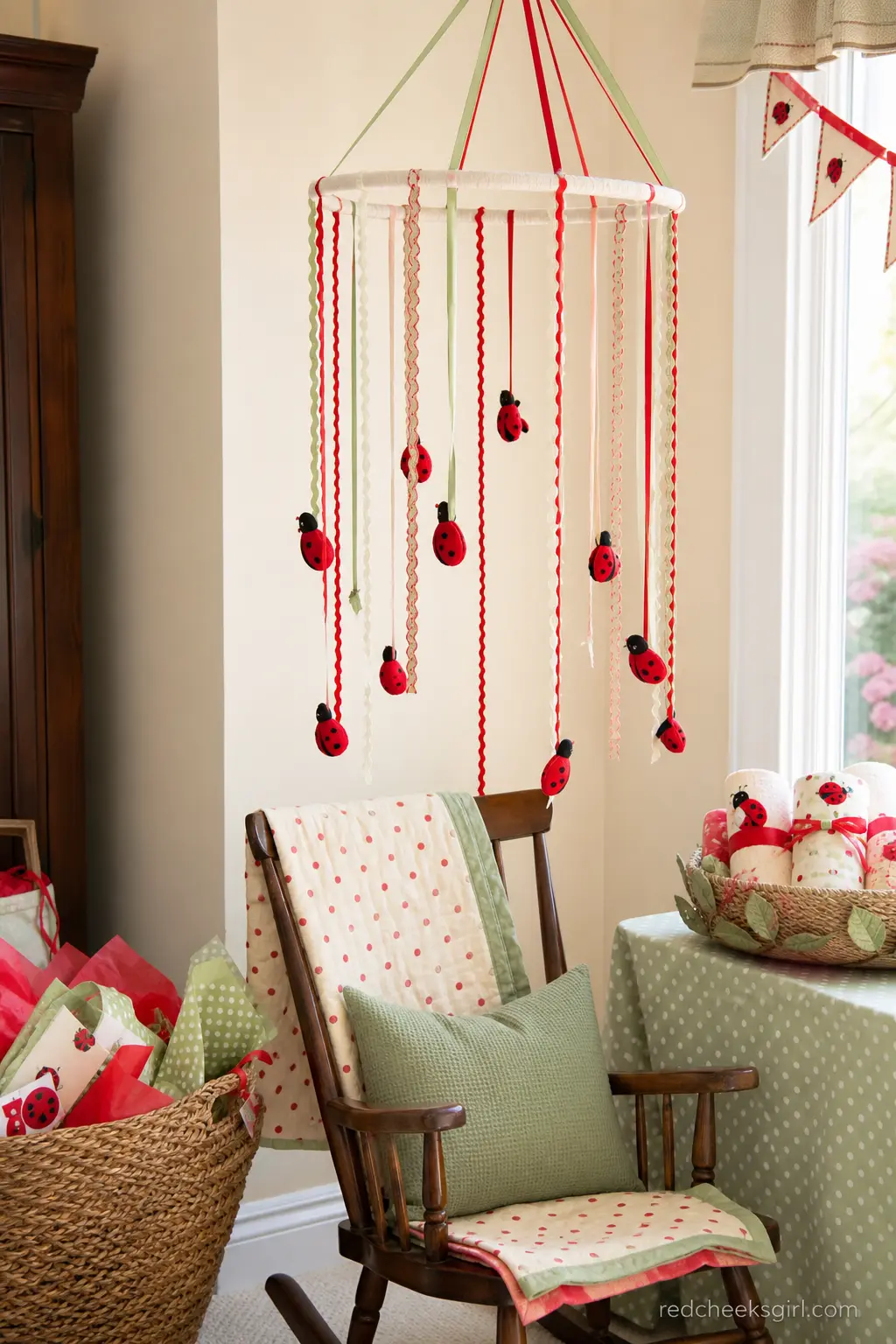 Ribbon and Fabric Ladybug Mobile — A ring of red, cream and sage ribbons hangs from an embroidery hoop above a wooden rocking chair, with small fabric ladybugs