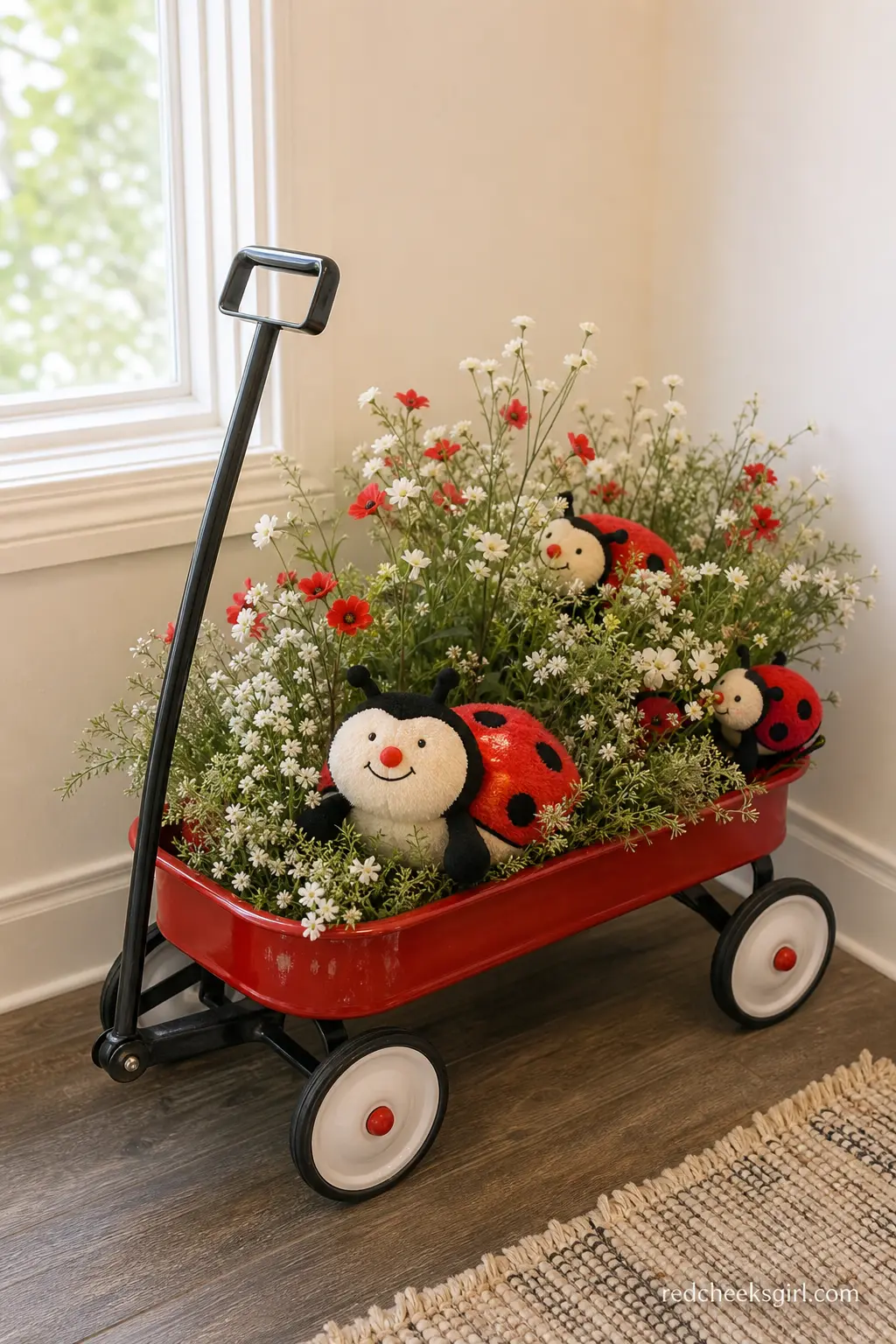 Vintage Red Wagon Photo Prop — A small vintage style red wagon sits in a corner near a window, filled with faux wildflowers and a few cream plush ladybugs