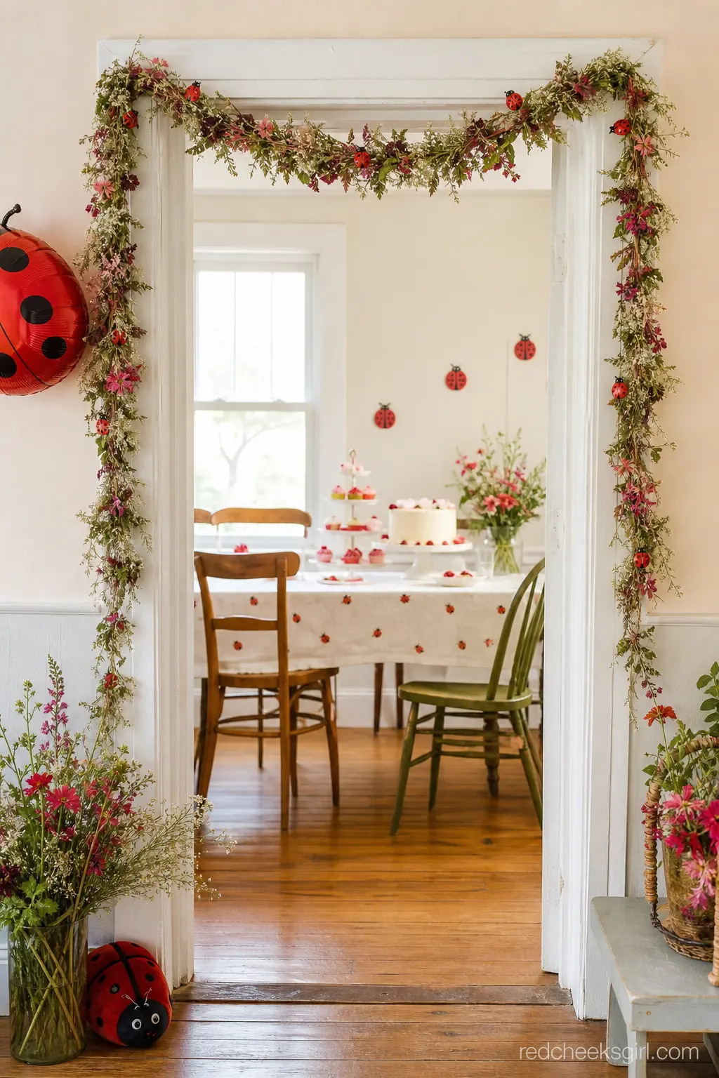 Wildflower Doorway Garland — A loose garland of dried wildflowers in green, pink and red hangs across the top of the doorway, with tiny ladybug clips pinned in