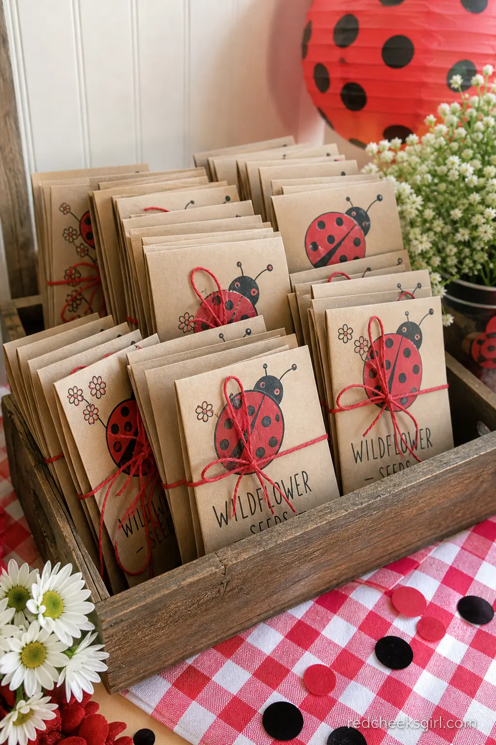 Wildflower Seed Packet Favor Display — Rows of wildflower seed packets in kraft brown with red printed ladybugs stand upright in a small wooden crate on the