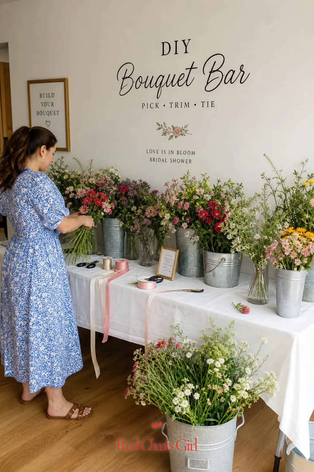 DIY Bouquet Bar — Buckets of loose wildflowers, ribbon and small scissors laid out on a long table let guests build their own mini bouquet at their own pace.