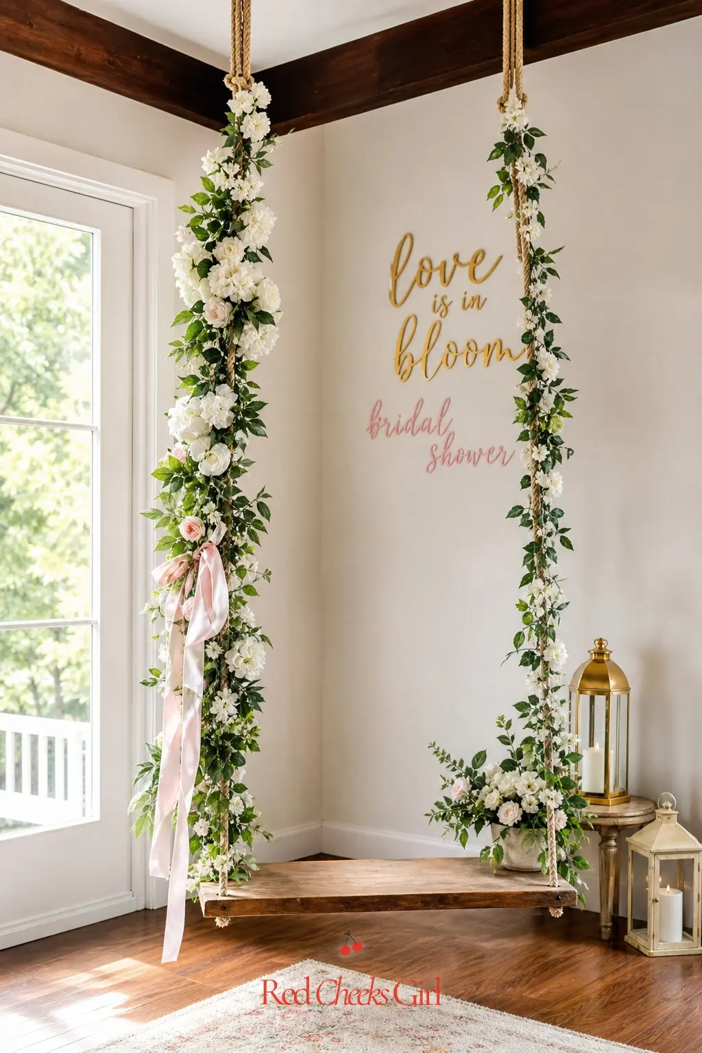 Floral Hoop Swing Corner — A wooden swing wrapped in white and green flowers, hung from a visible beam, gives one bright corner somewhere to sit for photos