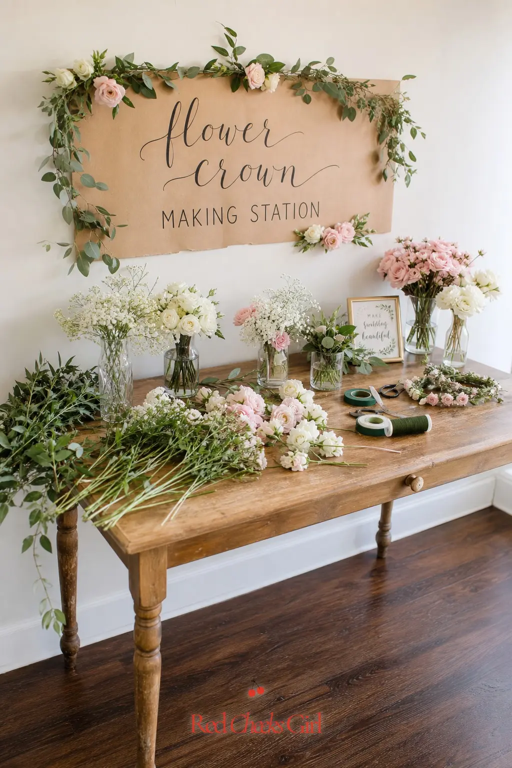 Flower Crown Making Station — A crafting table spread with white and pink blooms, floral wire and green tape lets guests build their own crown to wear for the