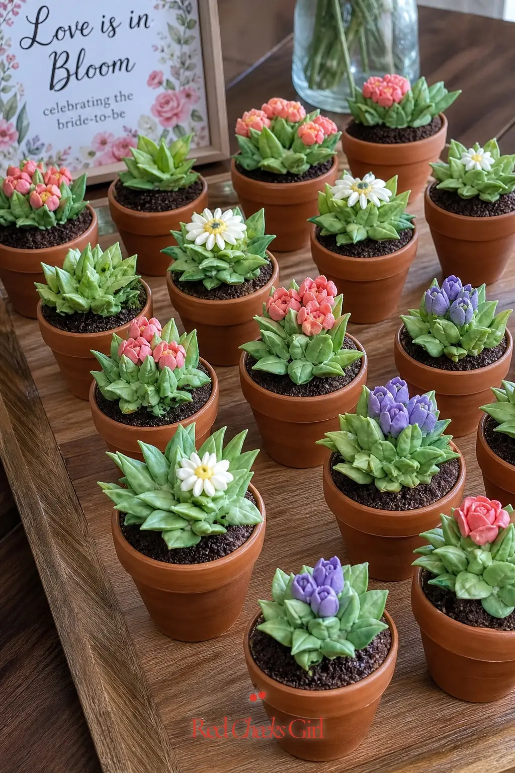 Flower Pot Cupcake Display — Cupcakes frosted to look like tiny terracotta pots, complete with green frosting leaves, are the one dessert on this list that