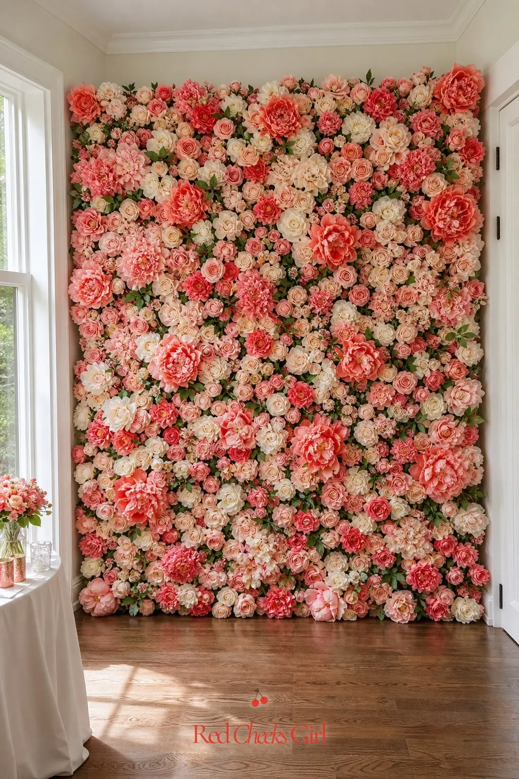 Fresh Flower Wall Backdrop — A wall of coral and blush flowers, floor to ceiling in one corner, becomes the photo spot for the whole party without a single