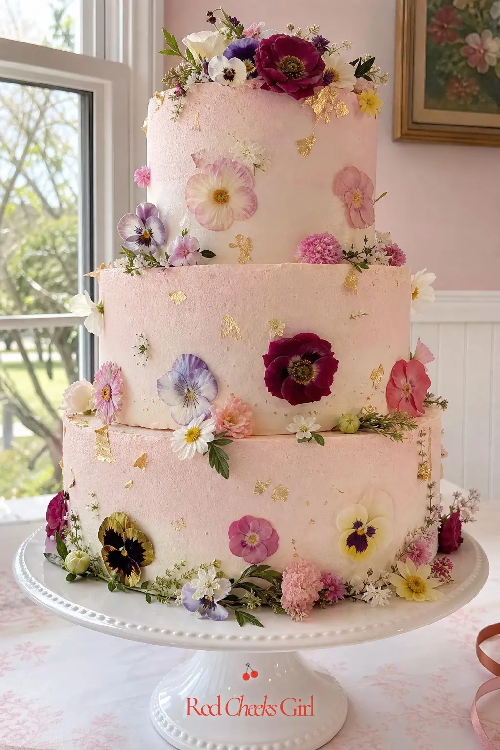 Garden Cake Stand Tower — A three tier cake in blush and ivory, scattered with fresh edible flowers, becomes the room's centerpiece the moment it comes out.