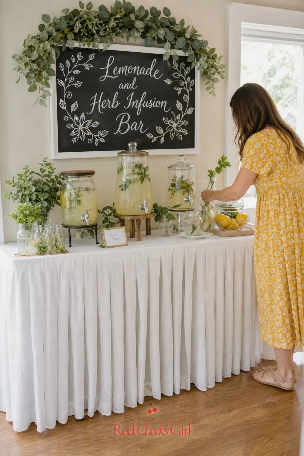 Lemonade and Herb Infusion Bar — Glass dispensers of pale yellow lemonade, each dressed with a different herb sprig, let guests build their own drink without a