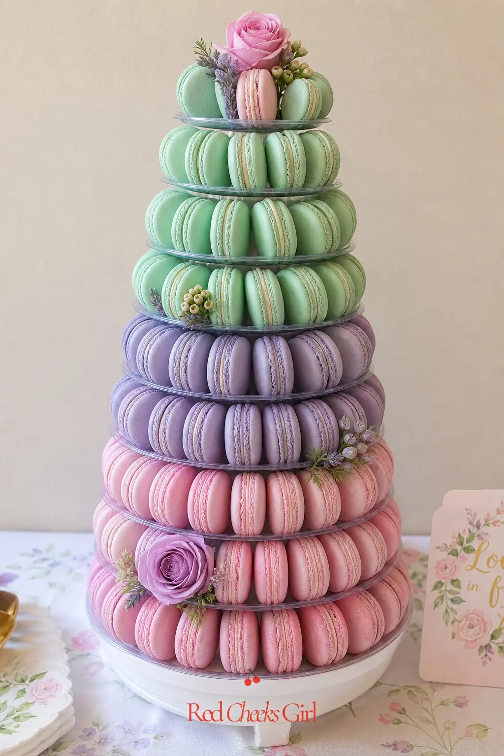 Macaron Tower in Bloom Palette — A tiered stand stacked with pink, lavender and mint macarons gives the dessert table height without a single flower needed on