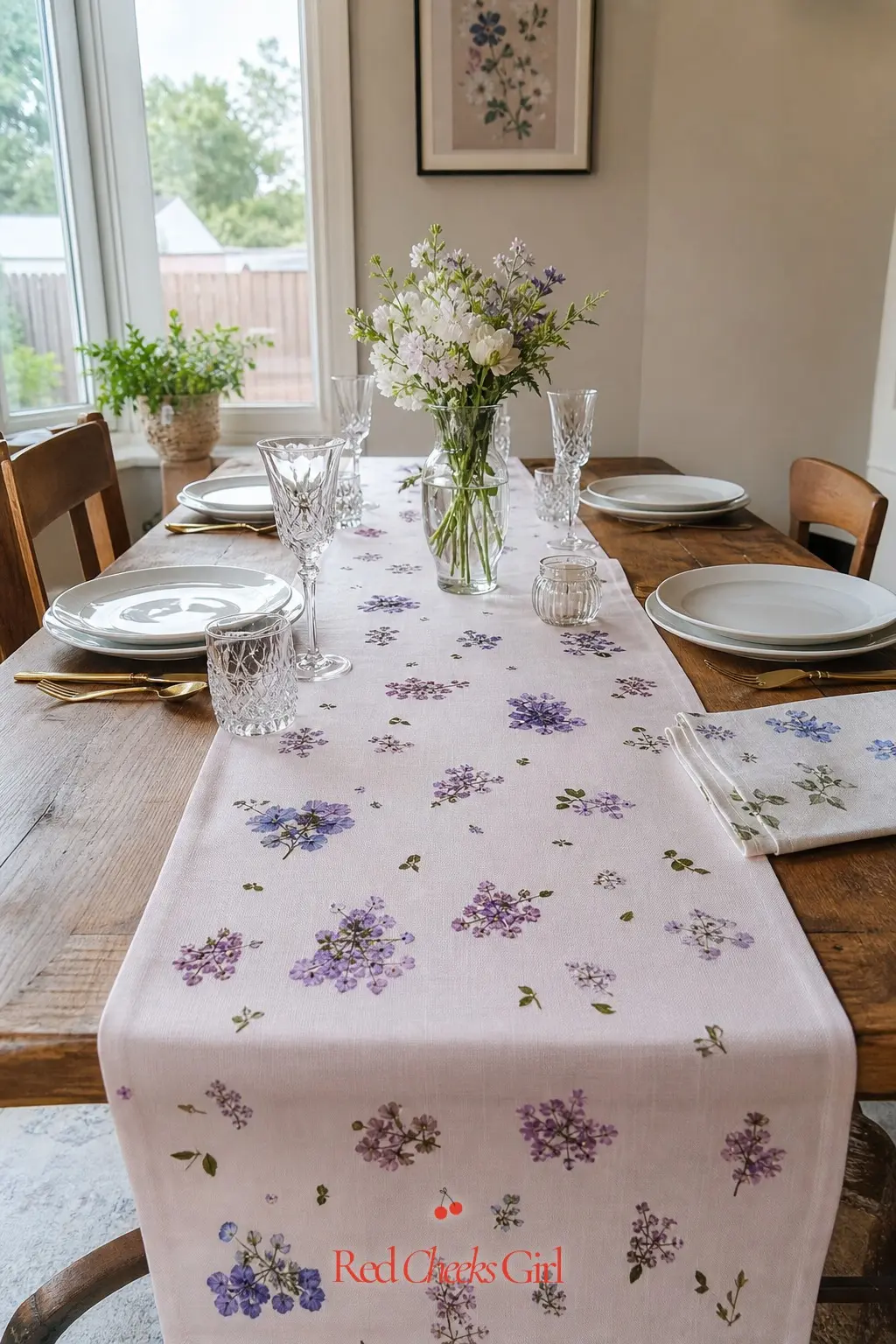 Pressed Flower Table Runner — A pale blush runner scattered with pressed lilac blooms replaces a floral centerpiece entirely, which frees up the table for