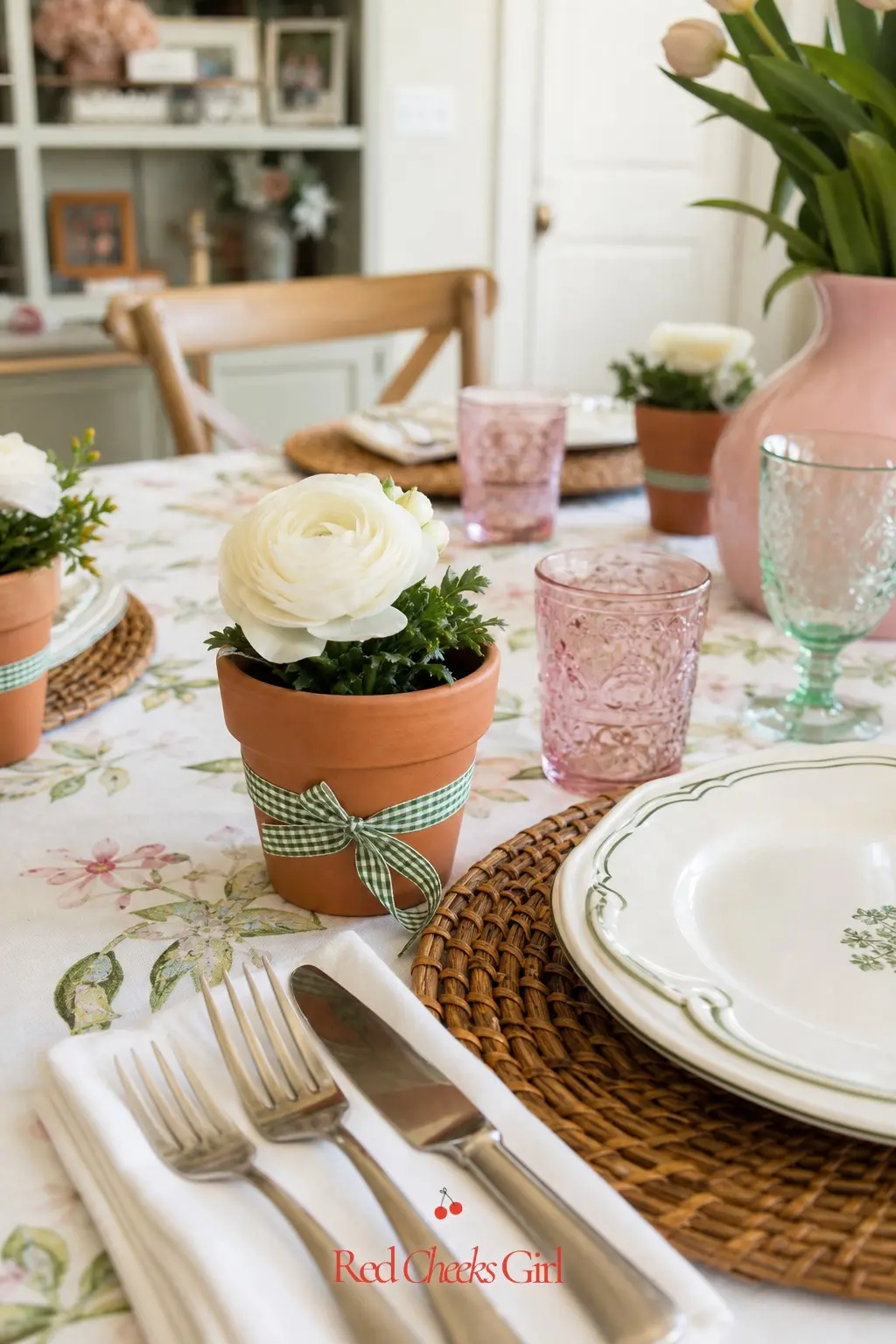 Terracotta Pot Place Settings — A tiny terracotta pot with a single white bloom sits beside each plate, doubling as a place card holder when a name tag is