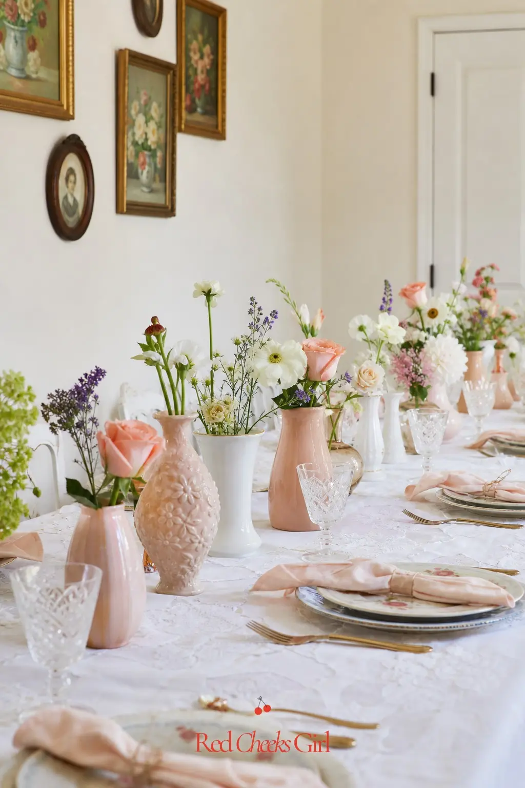 Vintage Vase Centerpiece Runway — Line the length of the table with mismatched vases in peach and cream tones, each holding a single type of flower. Love is in