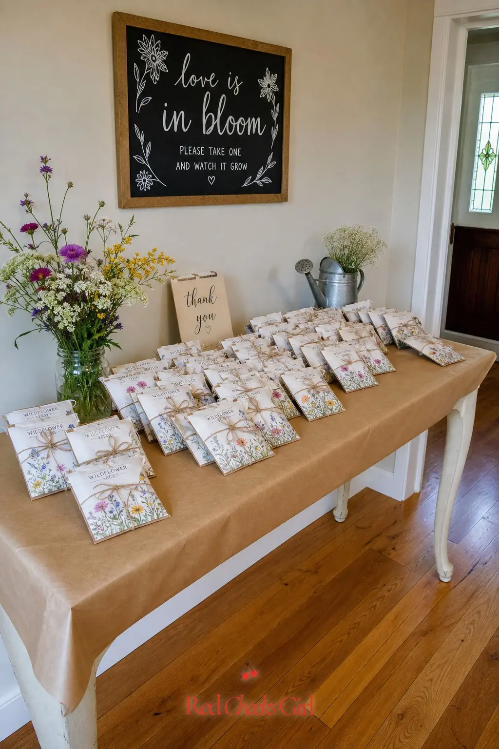Wildflower Seed Packet Favor Table — Small seed packets tied with twine, lined up on kraft paper, send guests home with something that keeps growing long after