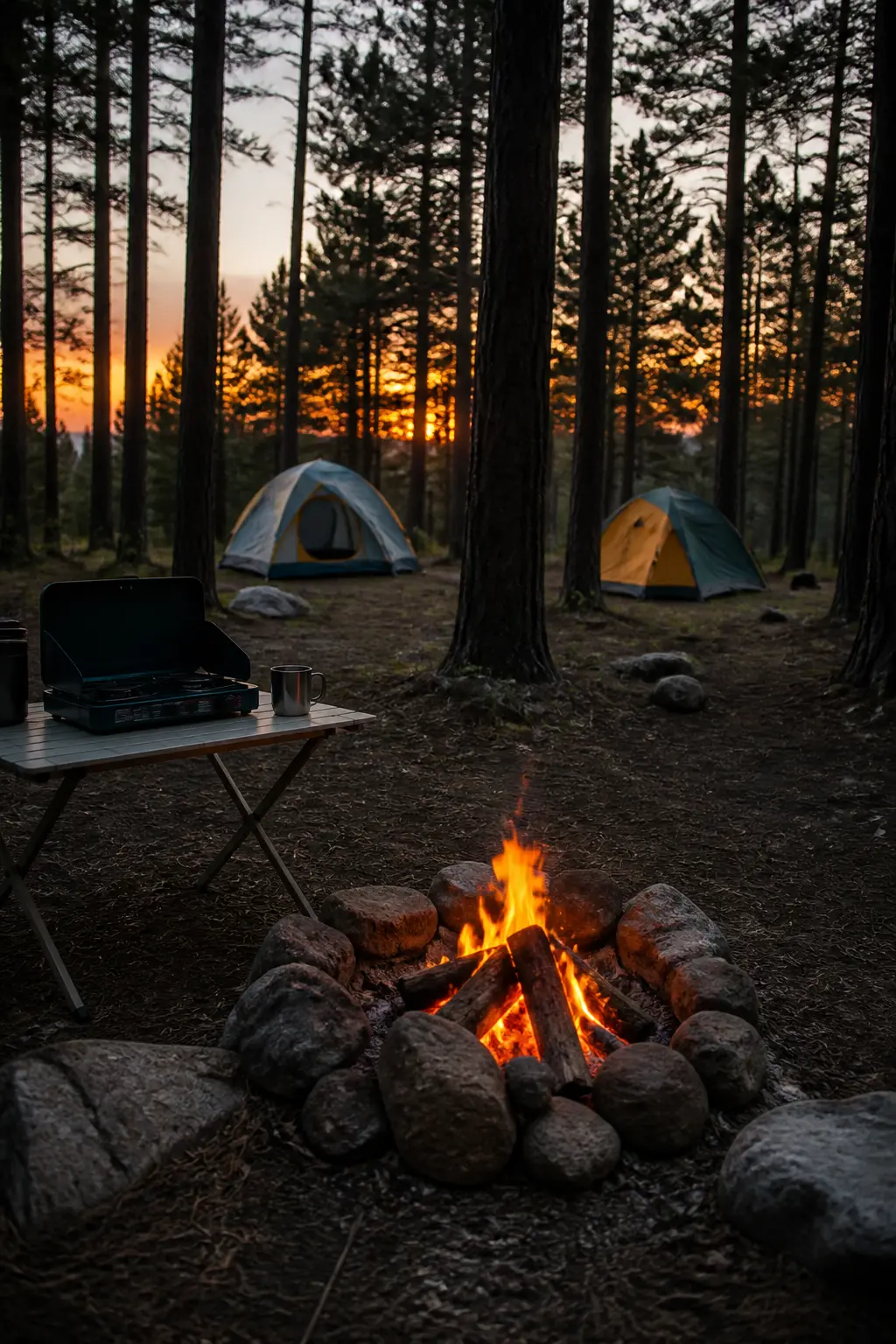 Camping With Two Tents and a Fire