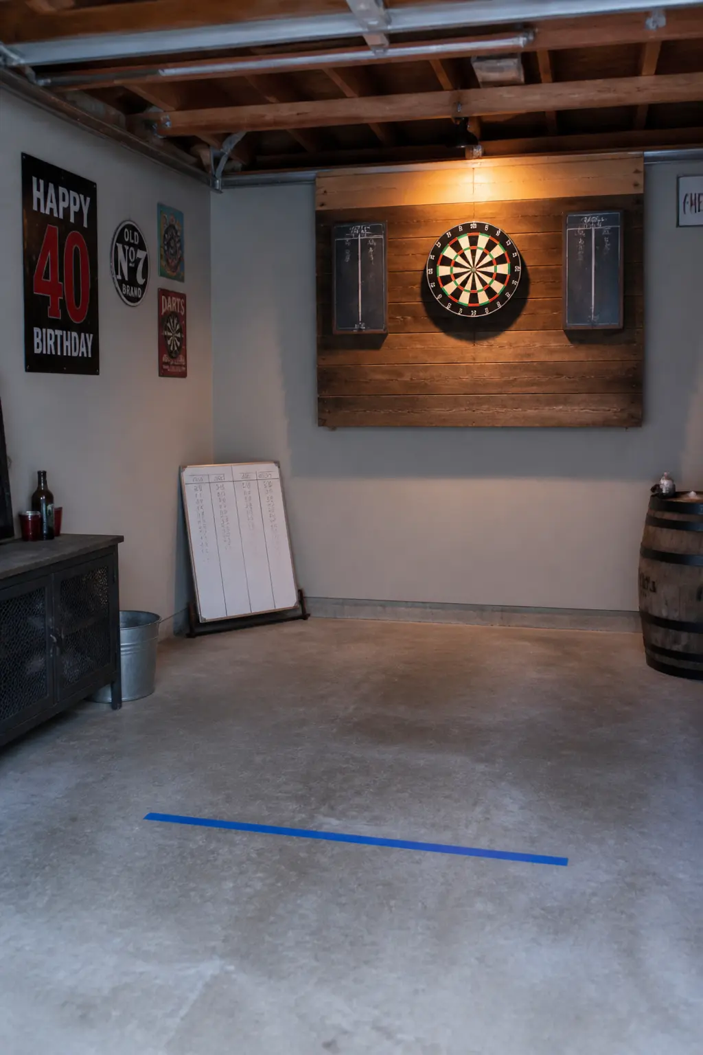Darts Board Set Up in the Garage