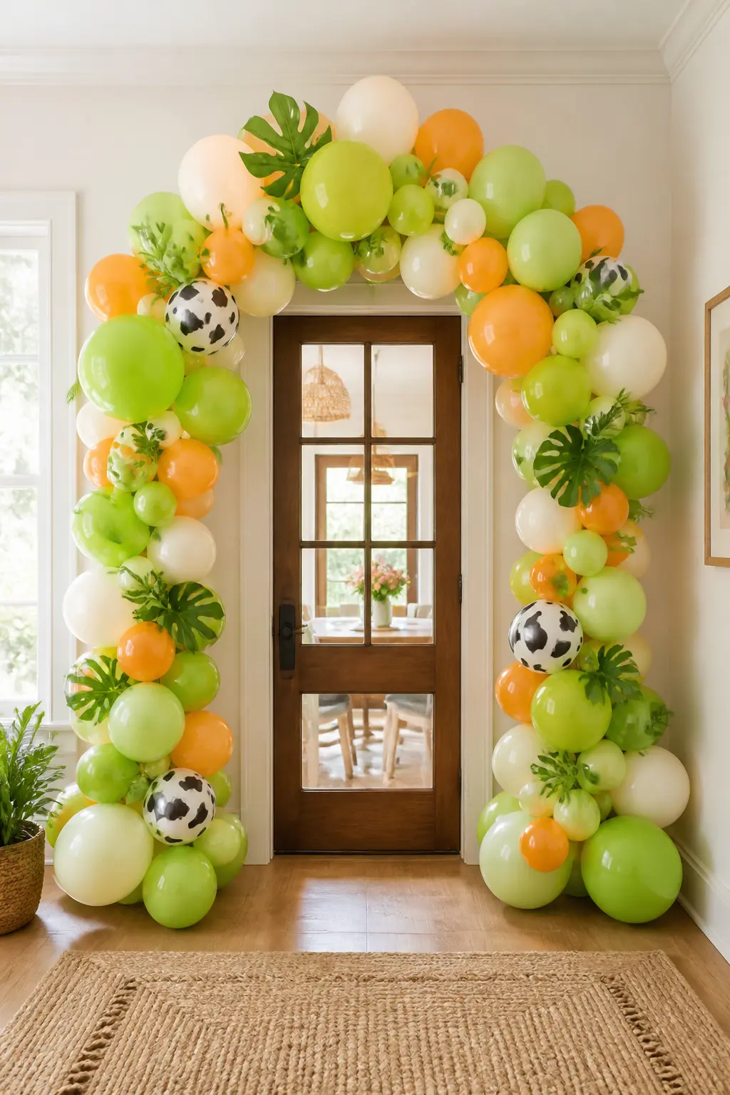 Lime-Green Balloon Arch Over the Door — A full organic balloon arch in lime green, cream and warm orange frames the party entrance without competing with the