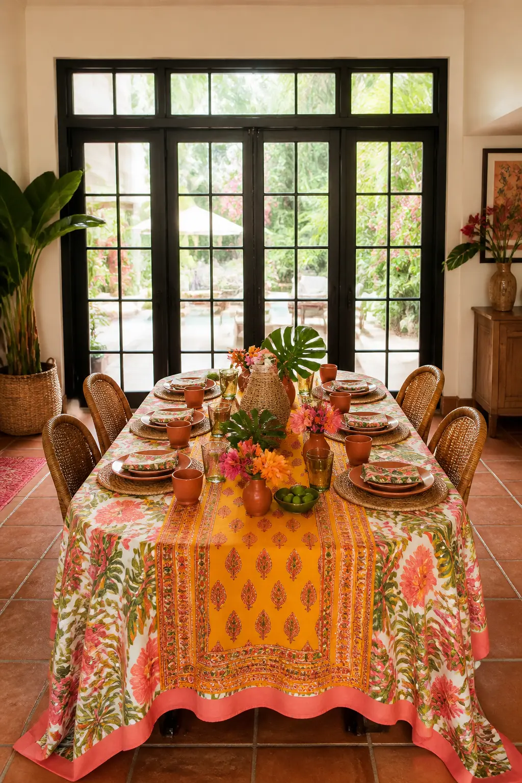 Maximalist Tropical Tablecloth Layer — Layer two printed tablecloths on the main brunch table: one large tropical print in coral and green as the base, and a