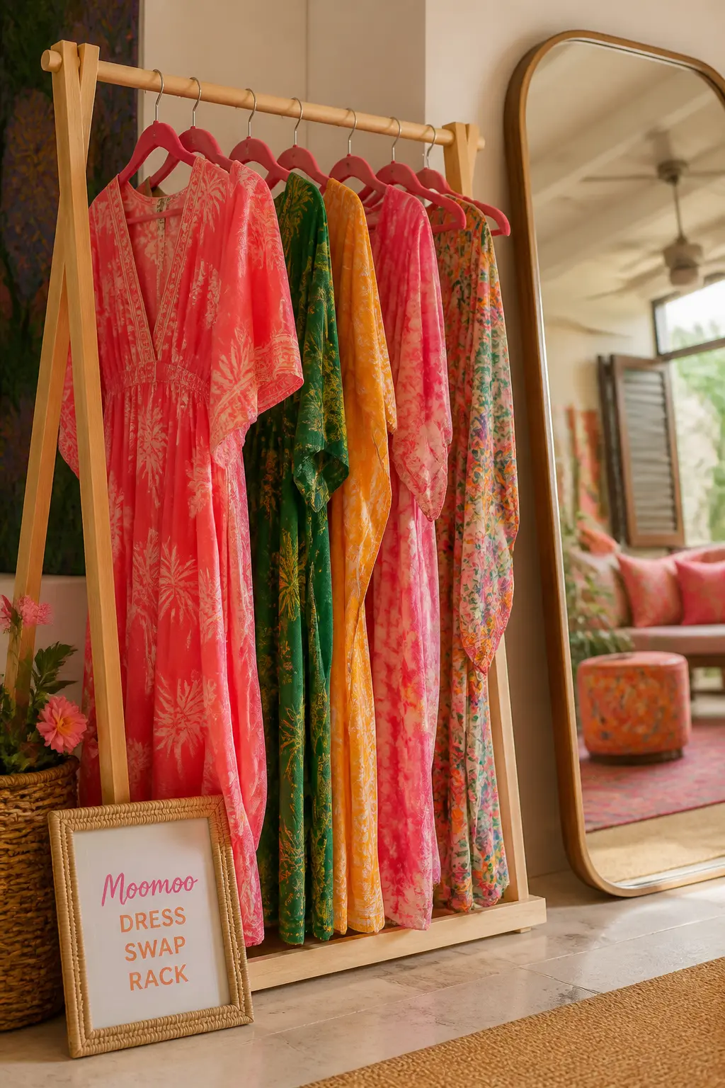 Moomoo Dress Swap Rack — Ask every guest to bring one moomoo, kaftan or printed maxi dress they no longer wear but that is too good to donate. Moomoo party