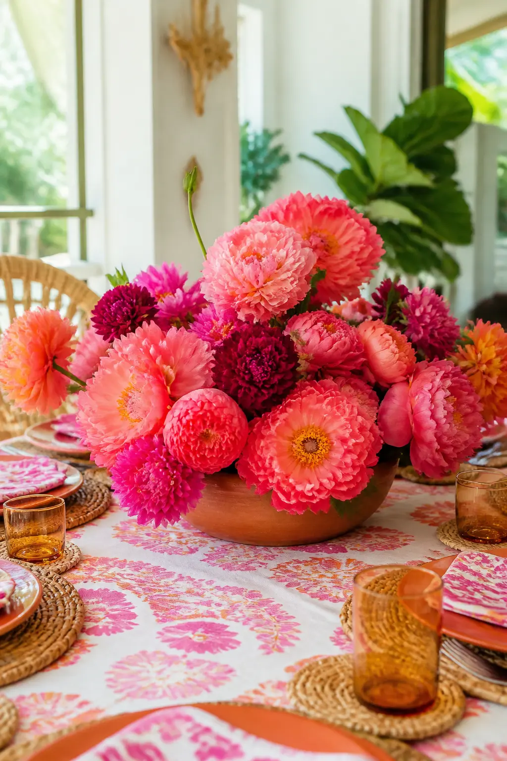 Overblown Peony and Dahlia Centrepiece — Fill a wide, low terracotta pot with peonies, dahlias and a few stems of orange blossom, choosing blooms that are