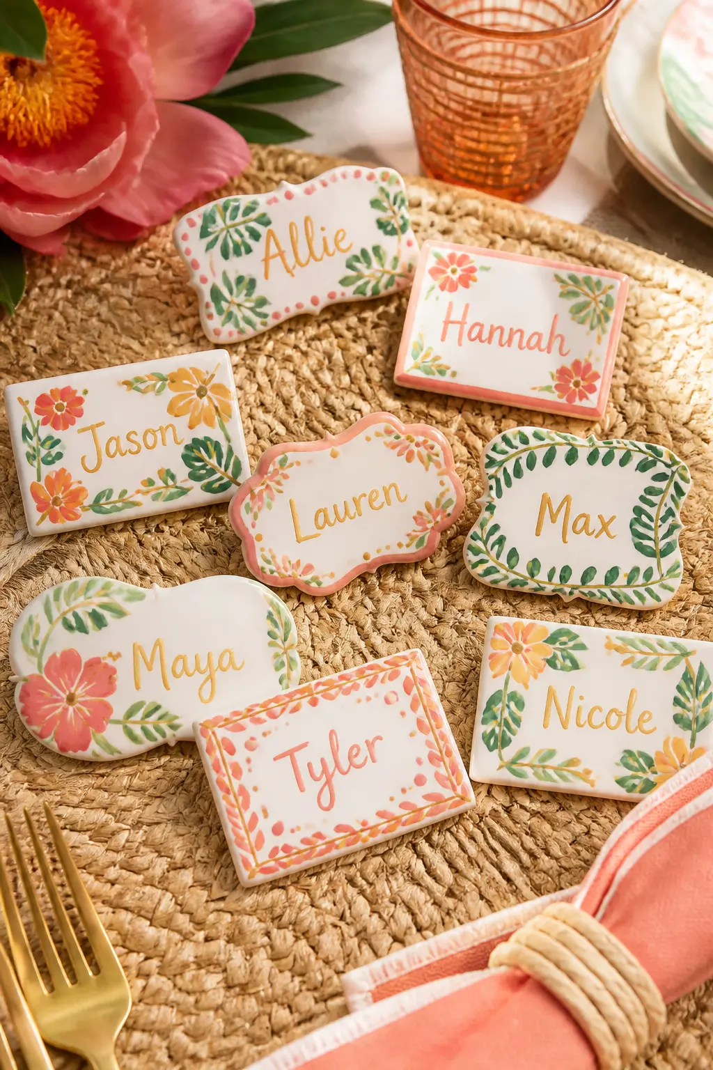 Painted Ceramic Name Card Holders — Use small hand-painted ceramic tiles or flat river stones as place cards, each one painted in a guest's name colour rather