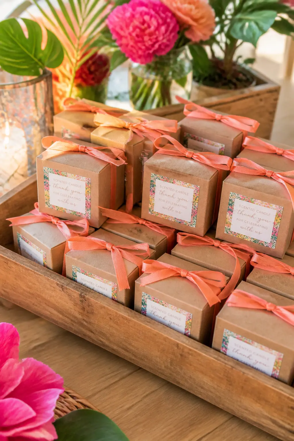 Scented Candle Take-Home in Kraft Box — Place a small scented candle in a kraft gift box tied with a length of coral ribbon at each place setting, or stack