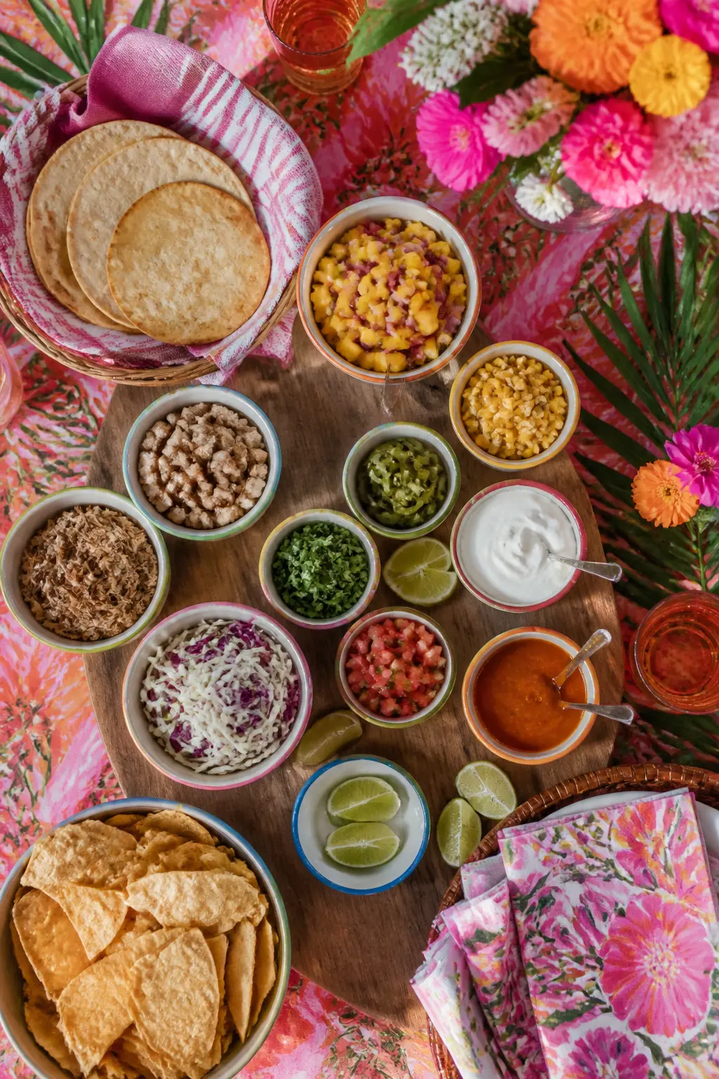 Taco and Nacho Spread Station — Build a generous taco and nacho station on a separate table from the main one: a large board of crisp tostadas, two bowls of