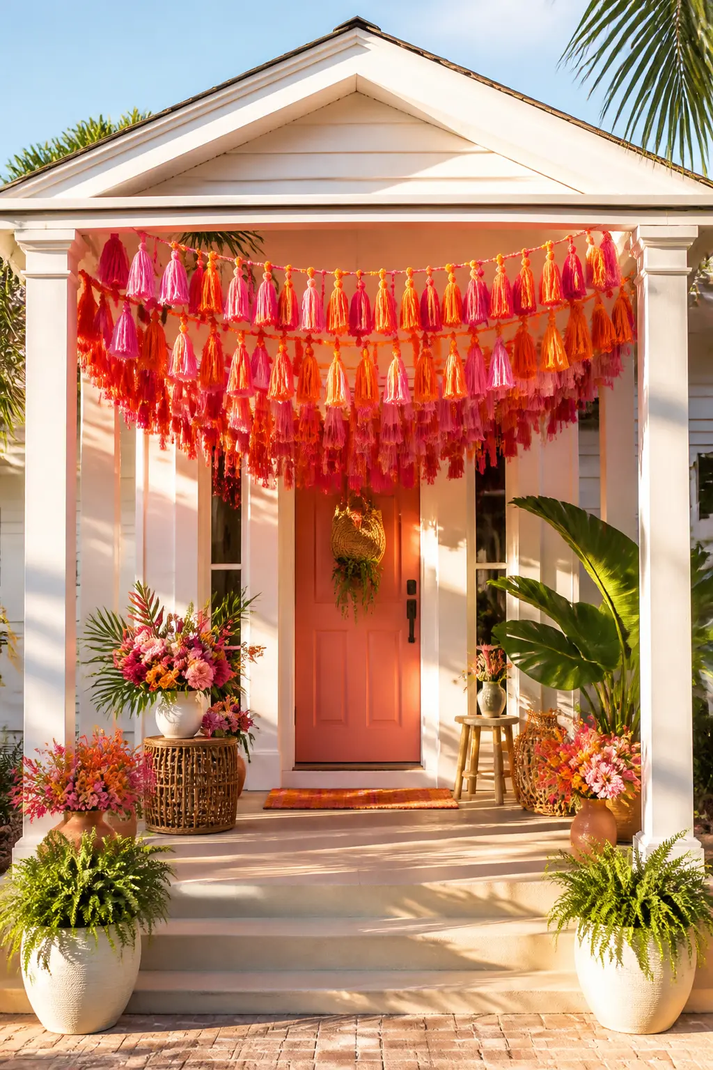 Tassel Canopy Entrance — Hang a dense canopy of cotton tassels in hot pink, tangerine and coral across the entry gate or porch overhead, low enough that guests