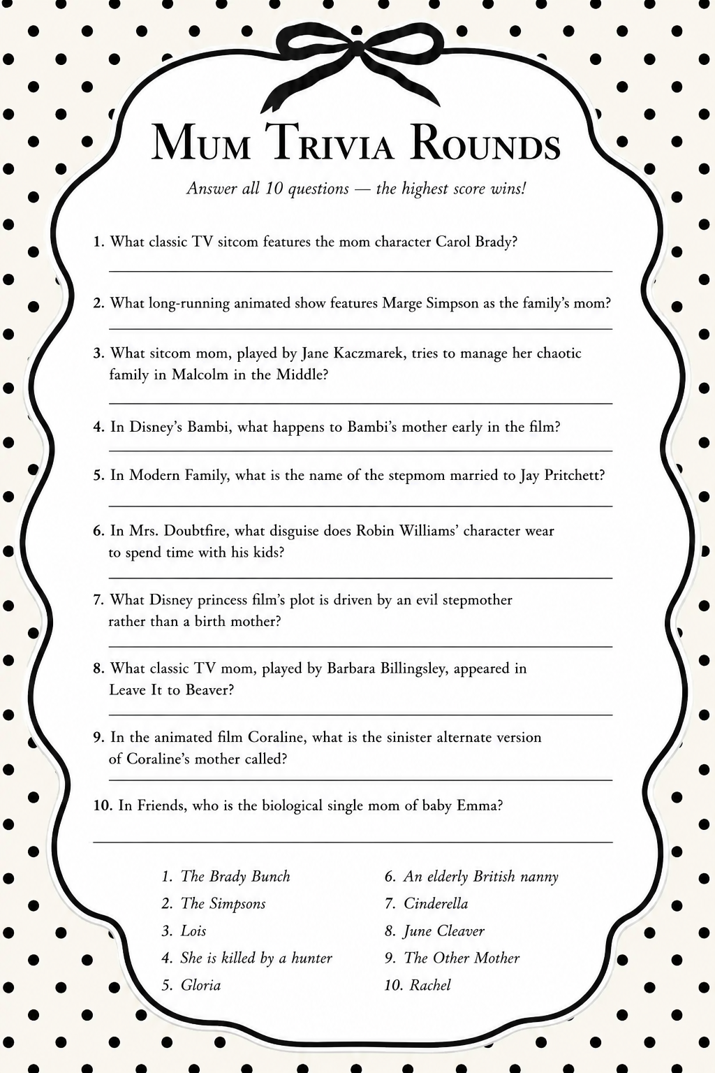 Mum Trivia Rounds printable
