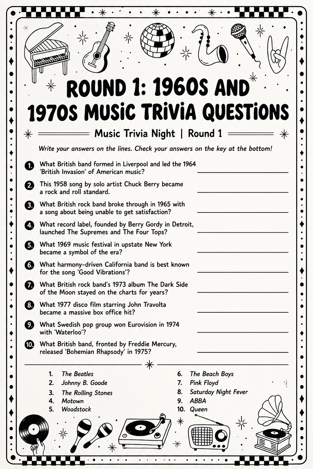 1960s and 1970s Questions Sheet printable