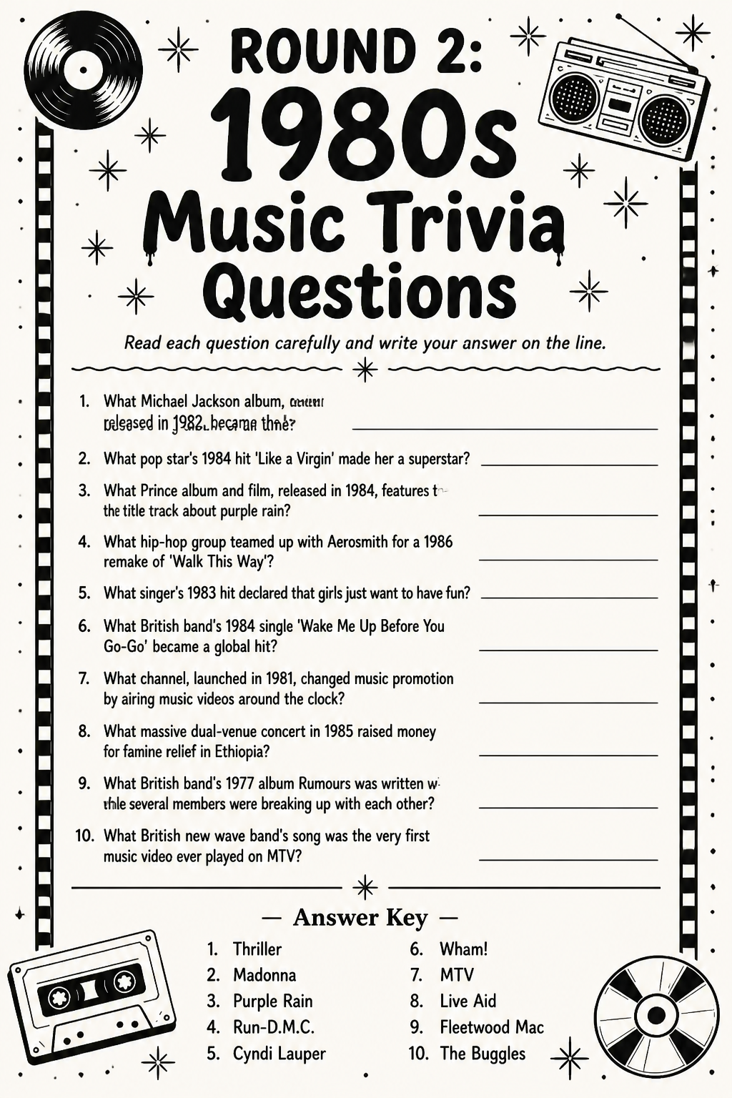 1980s Answer Key printable