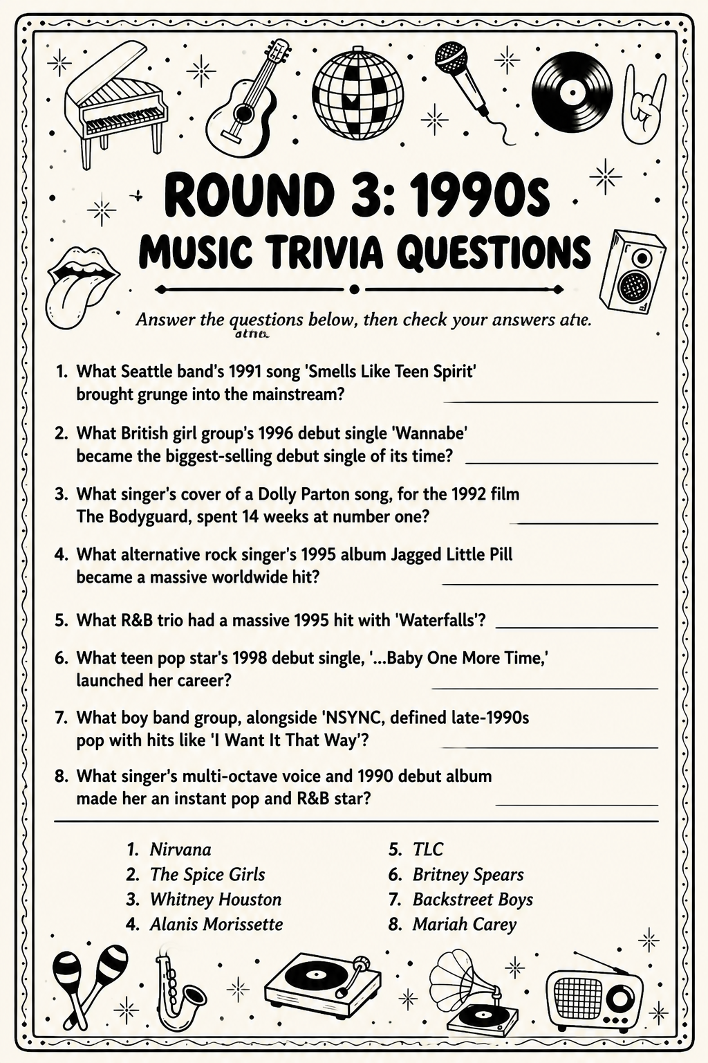 1990s Questions Sheet printable